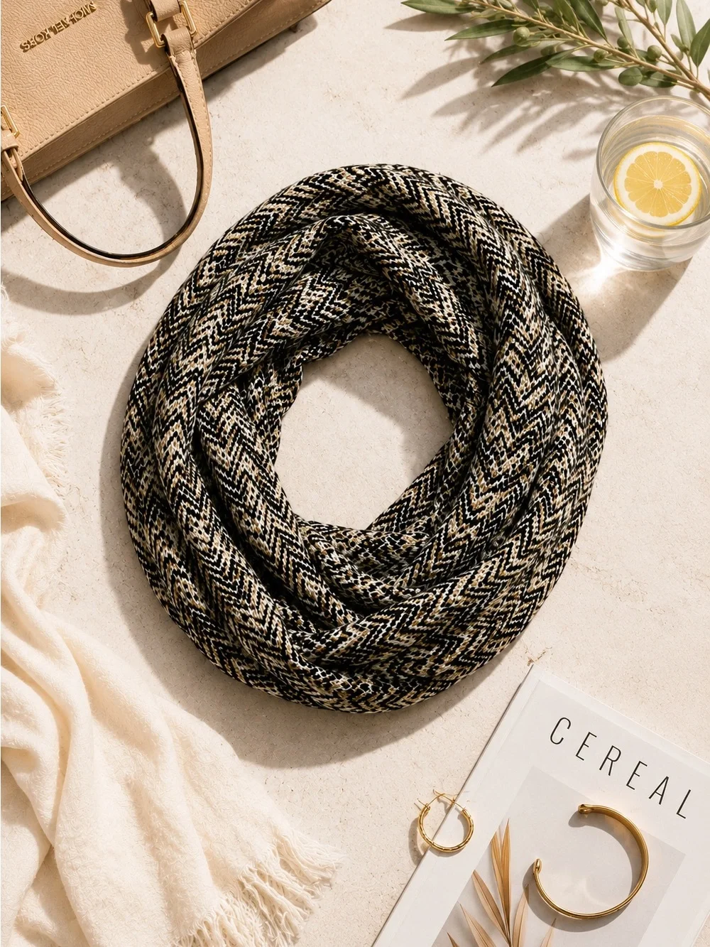 Michael Kors Infinity Scarf Knit Animal Print Black Cream Taupe One Size